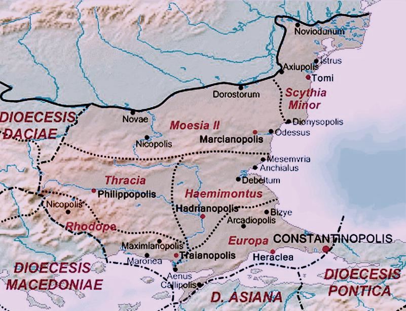 Χάρτης τής Ρωμαϊκής Διοίκησης Θράκης όπου τα όρια είναι κατά προσέγγιση.