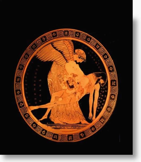 Αρχαϊκή Αγγειογραφία, Δούρις, Η Ηώς ανασηκώνει το νεκρό Μέμνονα. Μουσείο Λούβρου. Λεπτομέρεια κύλικα 490-485 π. Χ.