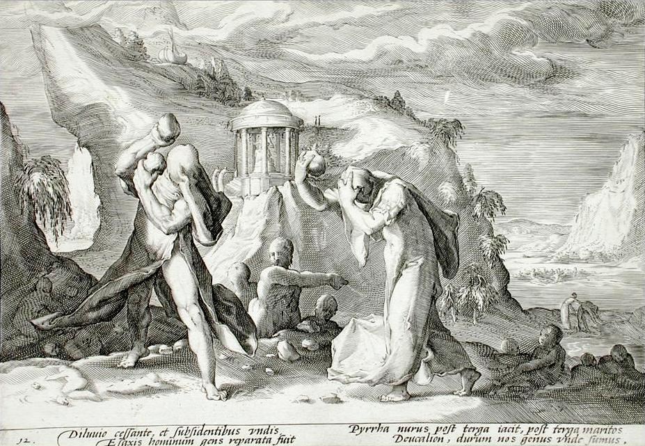 Δευκαλίων και Πύρρα. Από το βιβλίου τού Οβιδίου, Μεταμορφώσεις.(Deucalion and Pyrrha Book Metamorphoses by Ovid, book 1 plate 12).