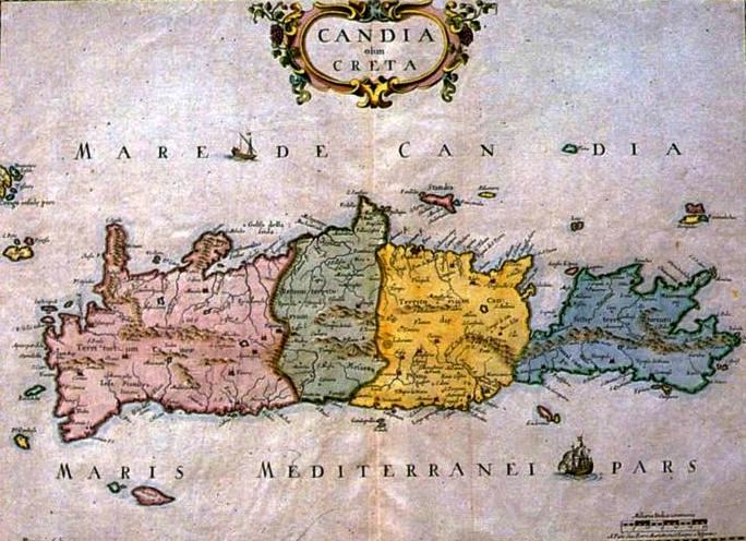Venetian map of Crete, showing the four parts of the island